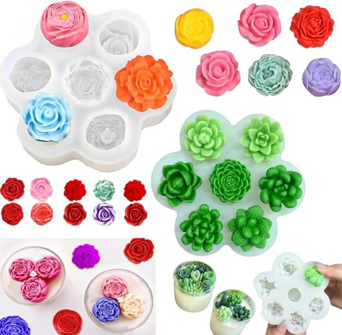 2-delad silikonform blommor, 7-håls saftiga ljus former silikon rosor nejlika pion silikonformar gjutformer, 3D ros mini blomma ljus formar för tvål choklad aromaterapi