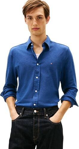 Tommy Hilfiger Camisa Hombre Knit Pique Featherweight con Botones, Verde (Indigo Heather), M