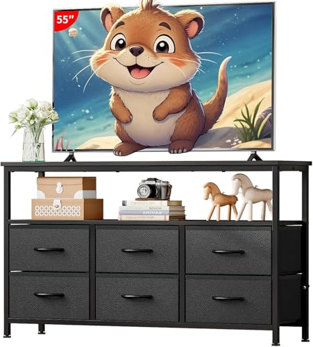 Taotigzu TV Schrank,Fernsehschrank,Lowboard für Fernseher bis zu 65 Zoll,Fernseher Unterschrank mit 6 Schubladen aus Stoff,2 offenen Fächern,Fernsehtisch mit Stahlgestell für Wohnzimmer (Schwarz)