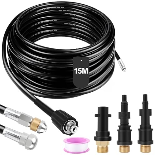 Universal Rohrreinigungsschlauch Set 15 m manguera de repuesto | compatible con Karcher K2 K3 K4 K5 K6 K7, para Lavor para Bosch para Parkside, incluye 3 adaptadores, 2 boquillas y 1 cinta