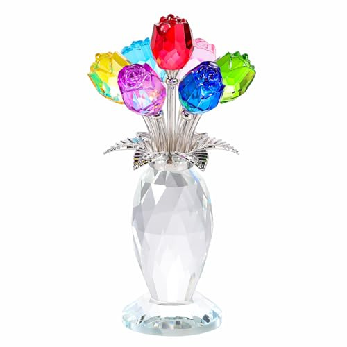 YWHL Bunte Kristall-Rosenstrauß-Figur mit Vase, handgefertigte Glasrosen, Geschenke für Frauen zum Muttertag, Valentinstag, Kristallrosen mit Stiel, Tischdekoration für Weihnachten