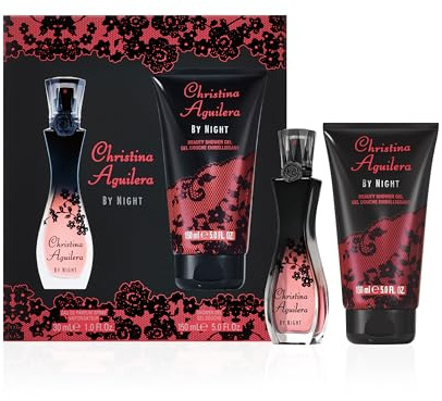 Christina Aguilera - Coffret Cadeau By Night 2 pièces, Parfum Femme Boisé Gourmand et Fruité, Freesia, Fleur de Pêcher et Vanille. Gel Douche 50 ml + Eau de Parfum Femme 15 ml