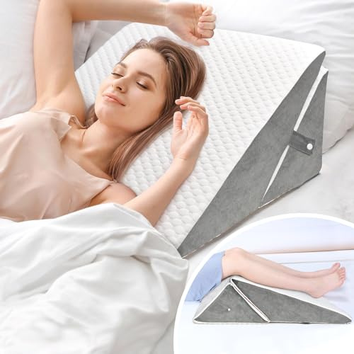 Bed Wedge Pillow, Folding Foam Triangle Pillow for Sleep Apnea, Acid Reflux, Snoring, Leg Elevation, Adjustable Back Support 9&12 Inch for Sitting Up in Bed, Incline Cushion for Sleeping, White&Grey