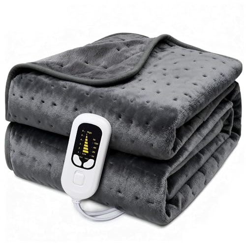 KANANAFEEL Couverture Chauffante en Flanelle Douce, Protection Surchauffe, Couverture Chaude Lavable en Machine avec Minuterie 12H et 6 Niveaux de Chauffage (Dark Gray, 180×130cm)