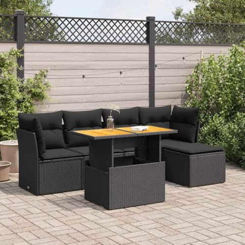QJBSAVVA 6-TLG. Poly-Rattan Balkon-Set Schwarz 100x55x73 cm mit höhenverstellbarem Gartentisch, platzsparender Eckbank, stapelbaren Loungemöbeln für Garten, Terrasse & kleinen Balkon
