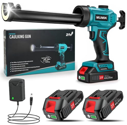 MUMIK Electric Caulking Gun, Cordless Silicone Gun Applicator with 2X2000mAh-Batteries, Led Light, Unlimited Speed Adjustment, Anti-Drip Sealant Gun for 300ml Cartridges