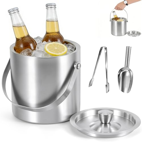 2L Ice Bucket with Lid and Tongs, Stainless Steel Double Walled Ice Bucket, Insulation Ice Buckets with Handle, Scoop, Strainer, Wine Bucket for Home Party, Bar, Pub, Club, Restaurant, BBQ and Picnic
