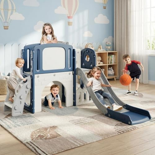 8-in-1 Kinderrutsche Indoor & Outdoor – Multifunktions Spielset Mit Klettergerüst, Basketballkorb, Teleskop, Tunnel Und Stauraum Für Kinder Ab 1 Jahr, Sicher & Stabil, Blau