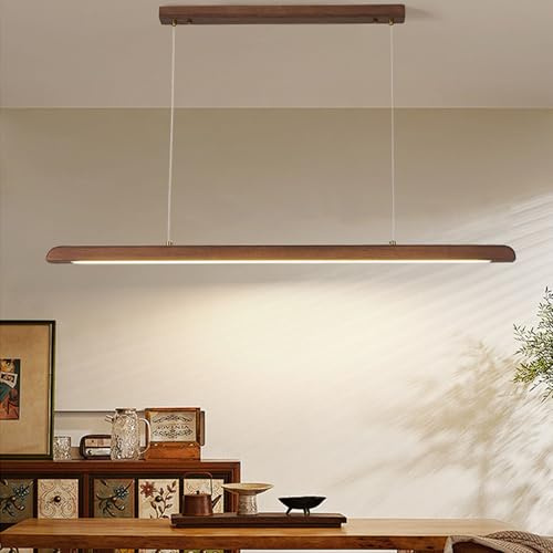 Holz LED Pendelleuchte esstisch Dimmbar, Hängelampe mit Fernbedienung Esstischlampe, Moderne Linear design Hängeleuchte, Esszimmer hängend Höhenverstellbar für Küche büro Esszimmer Küche büro (110cm)