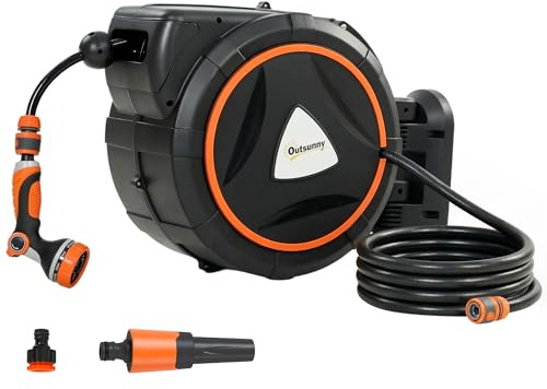 Outsunny Enrollador de Manguera para Jardín 28+2 m de Pared Naranja | 12 Modos de Rociado, Bloqueo Automático, Retracción Controlada, Carrete de Manguera de Jardín, Soporte Orientable 180°