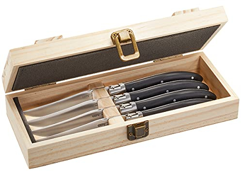 GEFU Steakmesser-Set Basco, 4 Stück in Edler Kiefernholz-Box, mit Ergonomischem Holzgriff, Steakbesteck, Besteck-Set, Scharf Geschliffene Klingen, Hochwertig - ideal als Geschenk