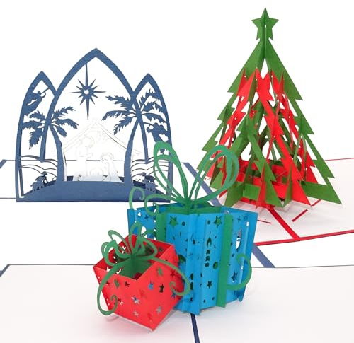 3D Weihnachtskarten mit Umschlag im Set - 3 x edle Pop Up Karten als Weihnachtskarte & Geschenkgutschein und Geldgeschenk zu Weihnachten