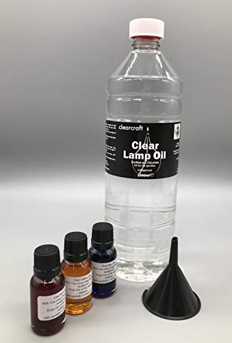 CLEARCRAFT SMOKELESS AND ODOURLESS CLEAR LAMP OIL - 1 LITRE - PLUS 3 COLOUR DYE PACK FOR COLOURING LAMP OIL. with FREE funnel