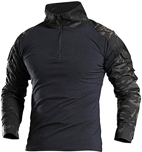 FENG Tactical Military Combat T-Shirt für Herren Langarm Slim Fit Camo Shirt Militäruniform Airsoft Zubehör Jagd Wandern (CP Black,2XL)