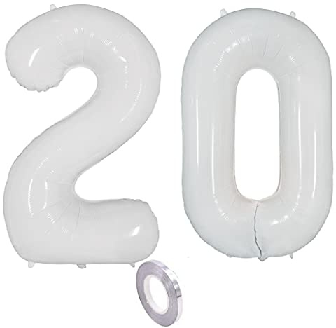 Weiß Luftballons Zahl 20. Geburtstag deko frau mann,Zahlen Ballon 20 Geburtstag deko, 40 Zoll Heliumballon 20 jahre Geburtstagsdeko frauen männer Aufblasbar Helium Folienballon 20 Weiß（20）