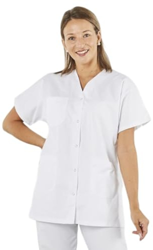 Hurry Jump Blouse de Travail Femme Confortable, Unisexe, pour Les Professionnels du Médical et Paramédical, Blouse Médicale Manches Courtes Col V avec Boutons, 3 Poches, Blanc, 44