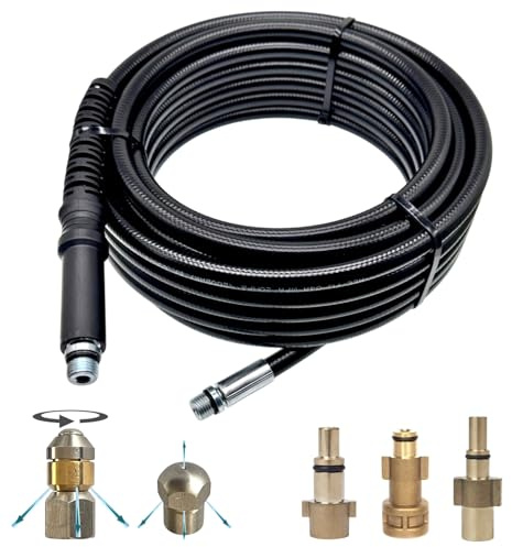 M&M Smartek Rohrreinigungsschlauch 5m für Bosch/Nilfisk, 2 Düsen | 3 Adapter sowie starre und rotierende Edelstahldüse verbinden Bosch, Black+Decker, Makita und Nilfisk bis 160 bar/40 °C.