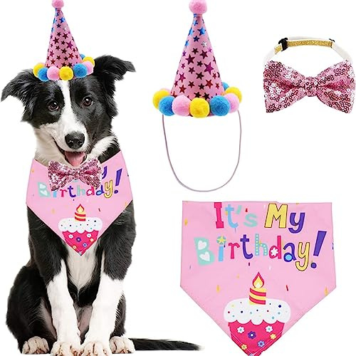 WUBAYI Bandana de cumpleaños para Perro para niña, Bonitos Suministros de Fiesta de cumpleaños para Perro con Pancarta de Feliz cumpleaños(Rosa)