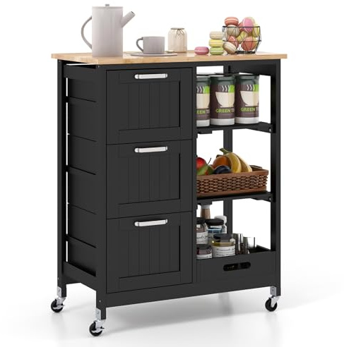 COSTWAY Köksvagn med bricka, hyllor och 3 stora lådor, rullbart köksskåp, köksö av gummiträ, serveringsvagn 67 x 37 x 83,5 cm (svart)