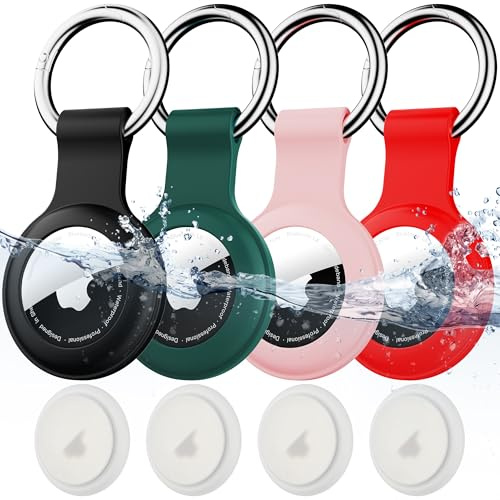 4-pack IPX8 vattentät AirTag-nyckelring, med mjuk silikonhållare fodral nyckelring, lätt, anti-repor, enkel installation, stötsäker luftetiketthållare för bagage, nycklar, hundhalsband etc.
