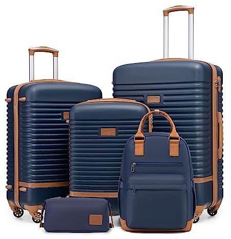 COOLIFE Koffer Trolley Koffer Reisekoffer von ABS Hartschalen Trolley 4 Rollen TSA-Schloss Der Koffer Enthält 1 Reiserucksack und 1 Kulturbeutel (Blau/Braun, Koffer-Set 5tlg)