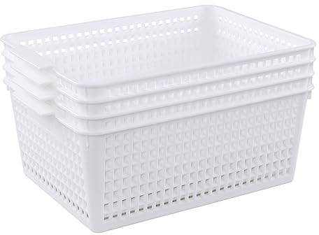 Obstnny White Rectangular Storage Baskets Set of 4, Plastic Kitchen Cupboard Organiser Basket Box