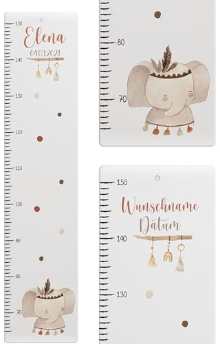 Kidsmood - Personalisierte Messlatte Kinder aus Aluverbund – Hochwertige Messleiste & Wand-Deko für Kinderzimmer mit abenteuerlichem Elefant – Tolles Taufgeschenk für Mädchen & Jungen (65-140cm)
