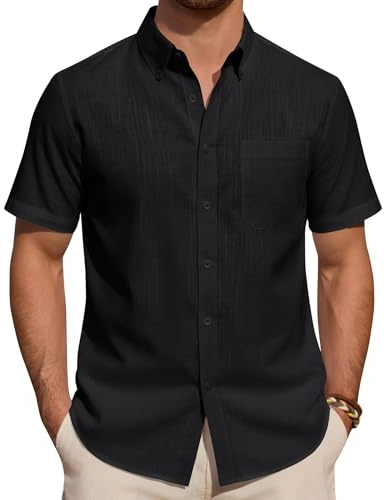 J.VER Men's Short Sleeve Linen Shirts Shrink Free Button Down Regular Fit Solid Shirt Casual Lightweight Summer Beach Shirts Tops with Pocket