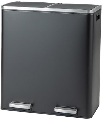 TANGZON 2x30L Recycling Pedal Bin, Double Kitchen Waste Bin with Plastic Inner Buckets, Soft Closure Lids & Handles, 2 Compartment Fingerprint Proof Airtight Stainless Steel Trash Can (Black)
