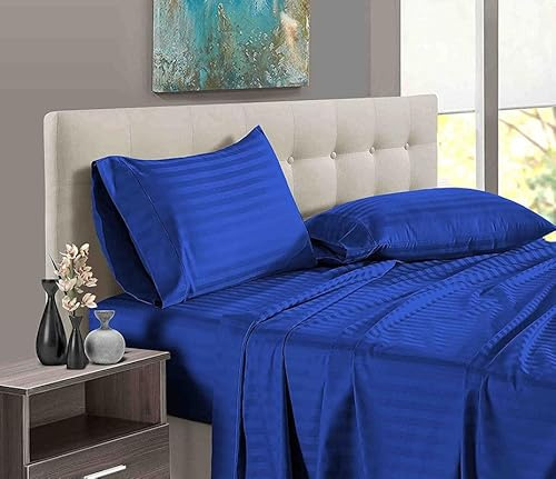 Luxury Egyptian Cotton Sheets - 7 Piece Set, Fits Mattress 10 Inches Deep & Long Staple 600TC Bedsheets, Breatheable - Wrinkle Free - Machine Washable Sheets - Royal Blue Stripe, Twin-XL Size.