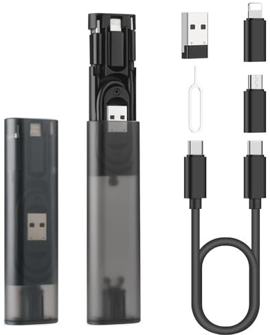 Aolcev Multi USB Adapter Cable Set Data Cable Storage Box USB to USB-C-Adaptor, Micro Type C to Lighting Adapter Set Data-Transfer SIM Card Holder Charging Knit-Black