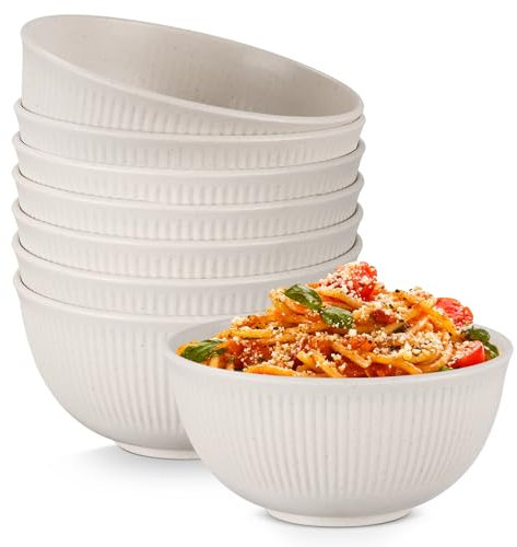 Osrioal Set of 8 Unbreakable Cereal Bowls, Lightweight Plastic Bowls, Reusable Camping Bowl for Breakfast, Rice, Noodle, Salad, Fruit, Soup, Snack, Dishwasher & Microwave Safe (Beige)