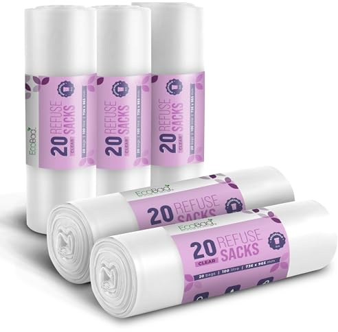 EcoBag - 100 Pack Heavy Duty White Bin Liners - 100L - 22 Microns - Extra Strong, Leak-Proof, Tear-Resistant Bags for Kitchen, Home & Office (736x965mm)