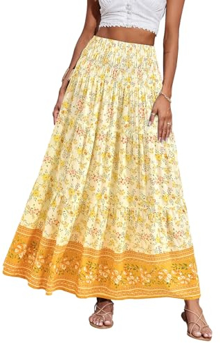 CFLONGE Gonne Maxi Estive da Donna 2026 Moda Boho Gonna Lunga alla Moda Floreale a Vita Alta A Linea Gonna da Spiaggia Outfit per le Vacanze, Giallo, M