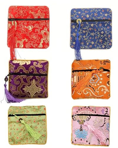 KGDUYC Lot de 6 pochette à bijoux,sacs à bijoux en brocart de soie avec fermeture éclair, pochette à bijoux en soie pour femme, sacs cadeaux pour pièces de monnaie, voyages, rouleaux de bijoux