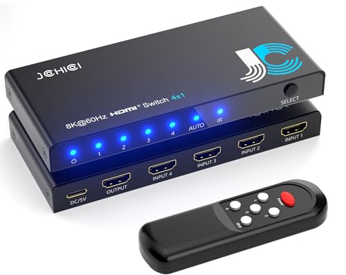HDMI 2.1 Switch 4 in 1 Out 8K@60Hz 4K@120Hz, 4 Ports HDMI Switcher Splitter Selector with Remote, Support HDCP 2.3 HDR 10+ Dolby Vision/Atmos 48Gbps CEC for Apple TV Game PC PS Pro Xbox Roku