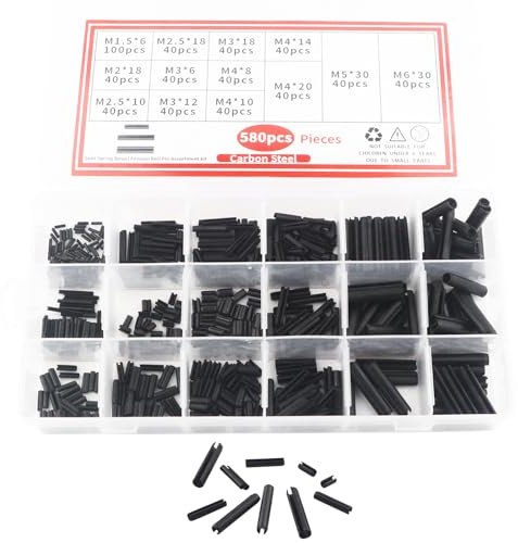 AOMIKITSTU Spannstifte 580 Stück, M1.5-M6 Spannstift, Spannstift Sortiment, Spannfeder Edelstahl, Spannstift Hohlsplinte Sortiment Set, Klappsplinte, Hohl Federstifte, Hohlsplint Manganstahl
