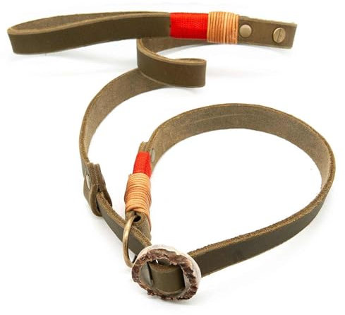 Retrieverleine Leder 20 mm in Oliv-Grün | Spiced Olive | Moxon-Leine mit außergewöhnlichem Horn-Zugstopp | robuste und edle Hundeleine aus hochwertigem Fettleder mit integrierter Halsung - 220 cm