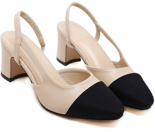 LAIYUTING Mujeres elegantes Bloque de Tacón Slingback Cuero Suave Sandalia Bombas Vestidas