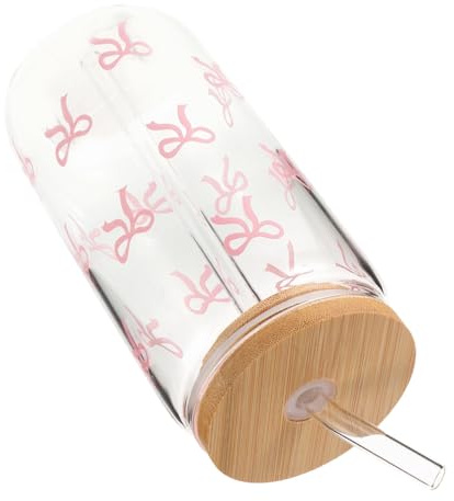 NAMOARLY Bowknot Glass Tumbler with Lid and Straw Large Capacity | Cute Reusable Cup, Wood-accent Pieces, for Coffee, Smoothie, Iced Drinks, on Go Use and Special Occasions
