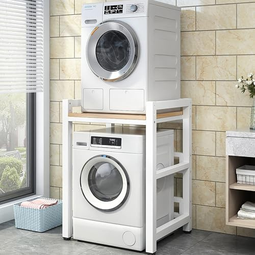 Support Empilable Pour Lave-Linge Et Sèche-Linge Avec Étagère,Superposition Lave Linge Seche Linge,Etagere Machine A Laver,3 Hauteurs Réglables,Meuble Seche Linge,Pour Toilettes Et Buanderie(Brown/whi