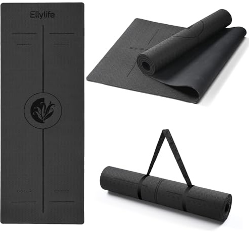 Ellylife Tappetino Yoga Antiscivolo Spesso, con segni di allineamento del corpo, Gomma naturale + TPE ecologico o PU, Delicato sulla pelle, Forte presa, con Cinghia, per Yoga, Pilates e Fitness