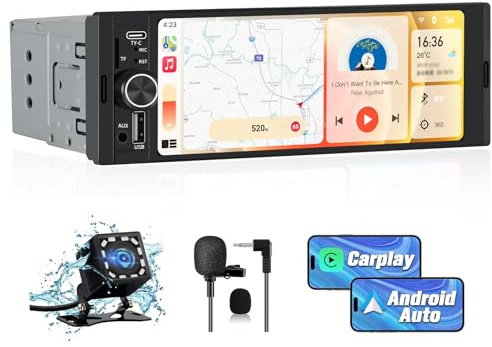 AWESAFE 6.36” Autoradio 1 DIN con Schermo, Car Radio con Wireless CarPlay Android Auto Bluetooth FM AUX Tipo-C, Inclusa la Telecamera posteriore