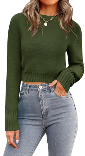 Zeagoo Pullover pour Femmes - Pull court en tricot à col rond et manches longues - Pull d'automne et d'hiver décontracté uni - Tailles S-XXL, Vert militaire., M