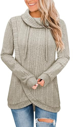 Siddhe Damen Pullover Casual Rollkragen Langarm Strickpullover Lange Pulli Lose Oversize Warme Einfarbig Winter Sweater Gestrickt Oberteil, Beige XXL