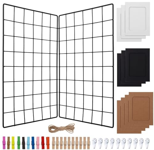 4 Stück Wandgitterpaneele, 39 x 30 cm, Drahtregale mit Bilderrahmen, Clips, Haken, Hanfseil, dekorative Displayhalter, Metall-Memoboards für Wandorganisation