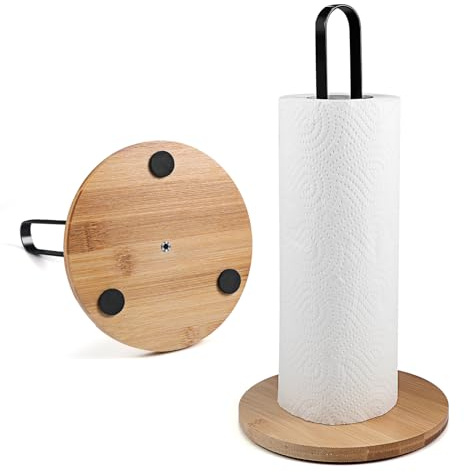 Paper Towel Holder Countertop Standing Paper Roll Holder with Anti-Slip Base Paper Towel Holders for Kitchen Roll Holder Bamboo & Stainless Steel,Black