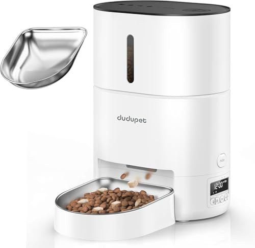 DUDUPET Automatic Cat Feeder, 4L Cat Food Dispenser Dog Feeder Automatic with Timer Function and 10-Second Voice Recording and Stainless Steel Bowl, Up to 6 Meals per Day