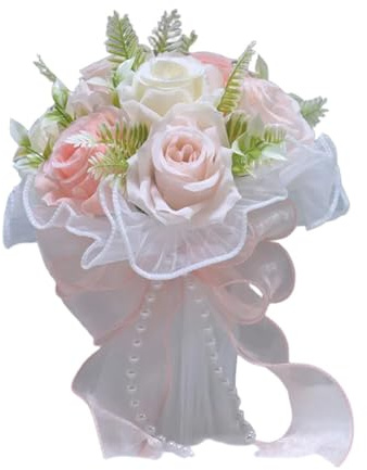 Opatiny Bouquet da sposa in seta artificiale con decorazioni di perle per matrimoni all'aperto, damigelle d'onore e damigelle, 23 x 20 cm, rosa champagne