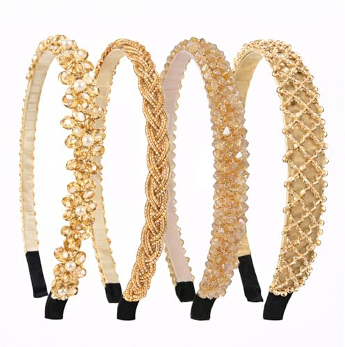 Zouonou 4 Stück Glitzer Haarreif Gold, Strass Haarreifen Damen Kristall Stirnband Eleganter Haarschmuck Kommunion Mädchen für Hochzeit Kommunion Party Braut